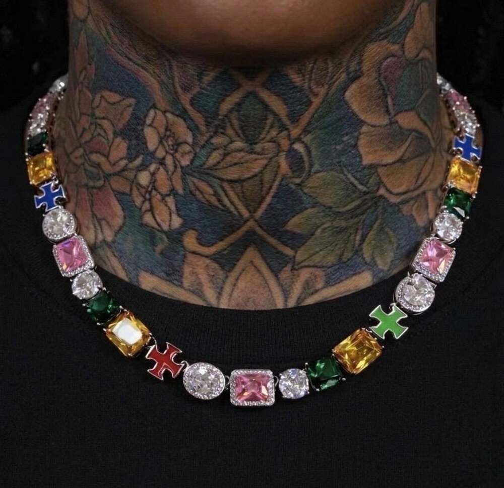 Multi Color Gemstone Cross Necklace, Iced Out Tennis Chain 20inch
